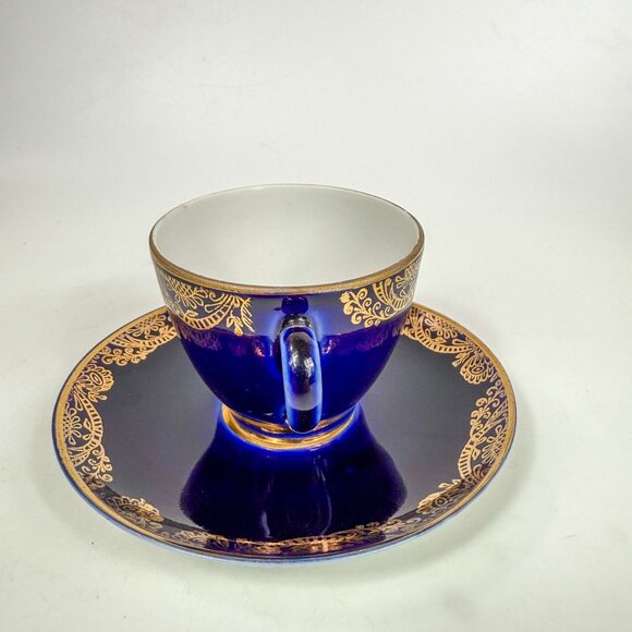 Lomonosov Imperial Porcelain LFZ Cobalt Blue Gold Floral Trim Cup & Saucer - Picture 3 of 8